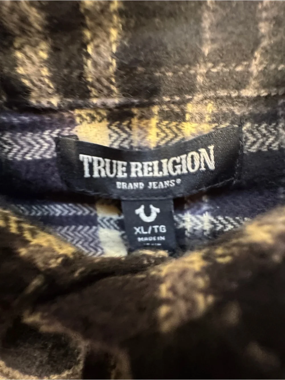 NWT True Religion Travertine Purple/Black Plaid Flannel XL Large Logo On Back 05